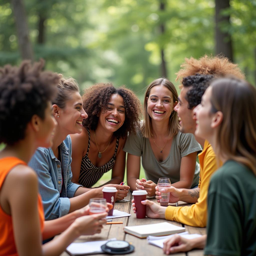 Một nhóm bạn đa dạng trong cộng đồng LGBTQ+ cùng nhau tham gia hoạt động Meetup, thể hiện niềm vui và sự ủng hộ trong tình bạn sắc tộc.