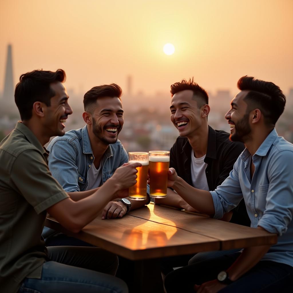 Hình ảnh nhóm bạn nam đang cùng nhau chia sẻ khoảnh khắc vui vẻ, một hoạt động kết nối giữa anh em đầy ý nghĩa.