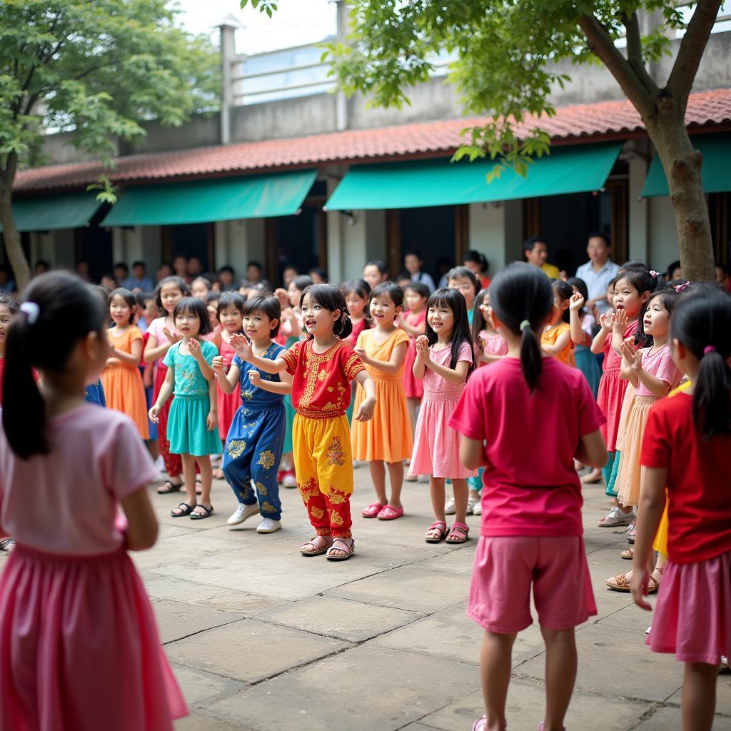 Học sinh Trường Tiểu học Lê Lợi, TP. HCM hào hứng tham gia hoạt động văn nghệ ngoại khóa tại sân trường.