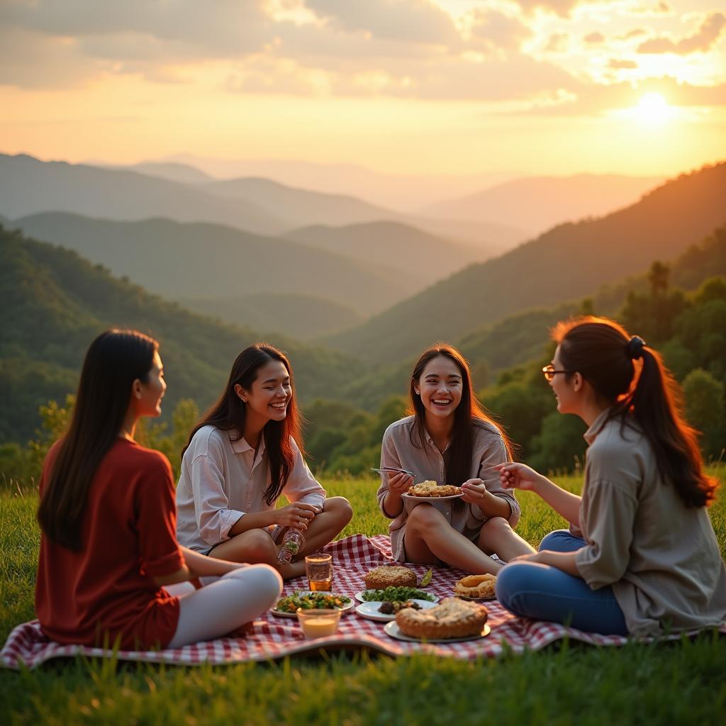 Hội bạn thân tận hưởng hoạt động ngoài trời tại một địa điểm tổ chức Friendship Day lý tưởng, cùng nhau picnic và vui đùa trên bãi cỏ xanh