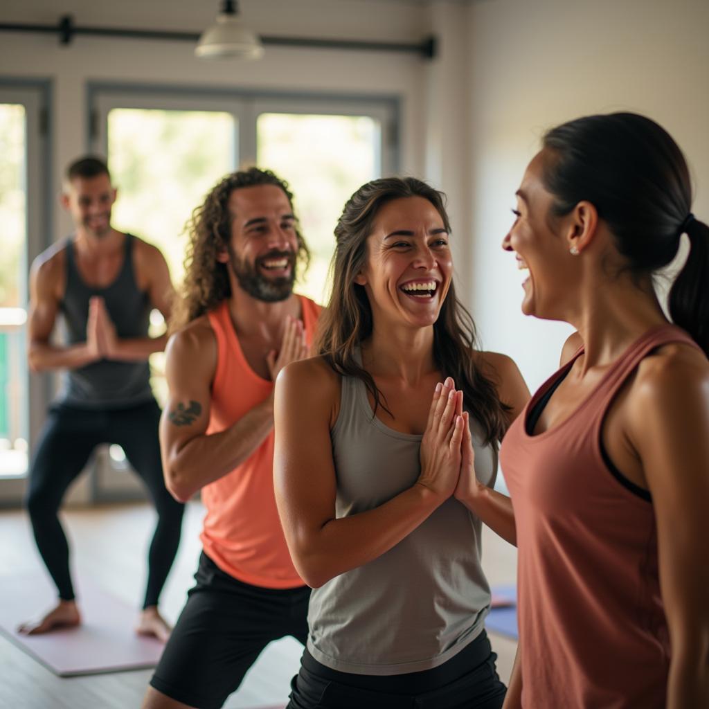 Nhóm bạn tham gia lớp yoga tại điểm hẹn gym cho bạn, nơi tăng cường sức khỏe và kết nối tình bạn.