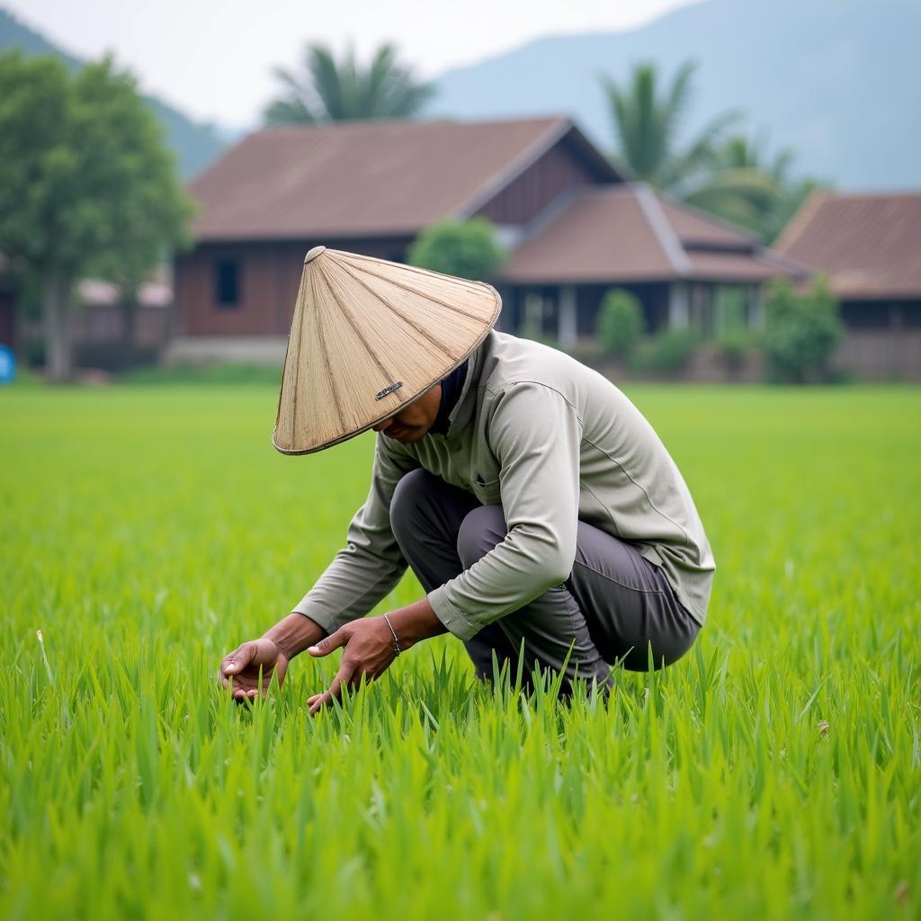 Người nông dân đang làm việc trên cánh đồng, phản ánh cuộc sống lao động tại Trà Lý, Tỉnh Hưng Yên