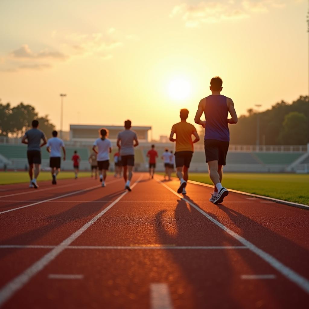 Người dân tập thể dục và chạy bộ trên đường pitch của Sân vận động Dĩ An vào một buổi chiều hoàng hôn