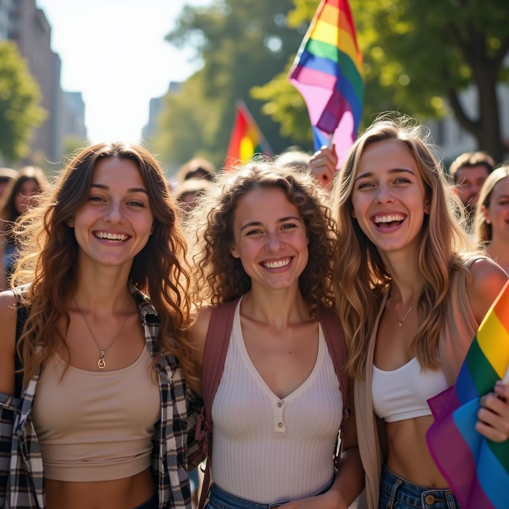 Một nhóm bạn trẻ, bao gồm cả những người thuộc cộng đồng LGBTQ+, đang cùng nhau tham gia một sự kiện diễu hành Pride, tay cầm cờ lục sắc, nụ cười rạng rỡ, thể hiện tinh thần đoàn kết và tự hào.