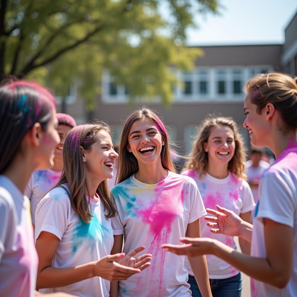 Học sinh vui vẻ tung bột màu trong sự kiện Color Me Run, thể hiện chủ đề Sắc Màu Tình Bạn.