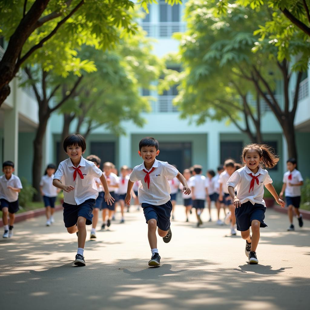 Các em học sinh Trường Tiểu học Phan Đình Phùng vui chơi năng động trên sân trường rợp bóng cây xanh.