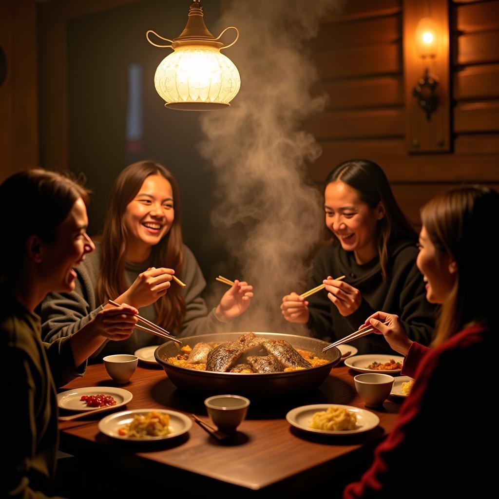 Hội bạn thân quây quần bên nồi lẩu cá tầm nghi ngút khói, thưởng thức ẩm thực đặc sắc và tạo nên kỷ niệm du lịch Sapa đáng nhớ.