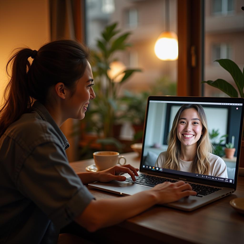 Hai người bạn từ hai quốc gia khác nhau đang trò chuyện video call vui vẻ qua laptop, thể hiện sự kết nối vượt khoảng cách.