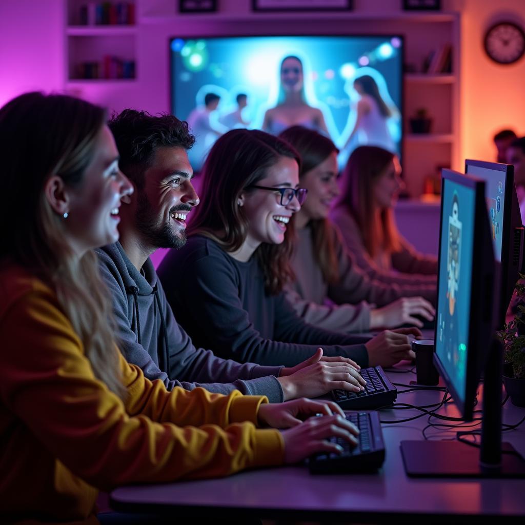 Nhóm bạn game thủ đang kết bạn trong cộng đồng game online vui vẻ