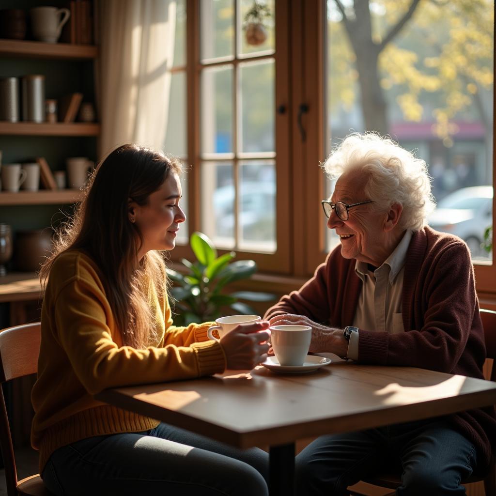 Một người trẻ tuổi và một người lớn tuổi đang trò chuyện vui vẻ trong quán cà phê, thể hiện sự kết nối giữa hai thế hệ.