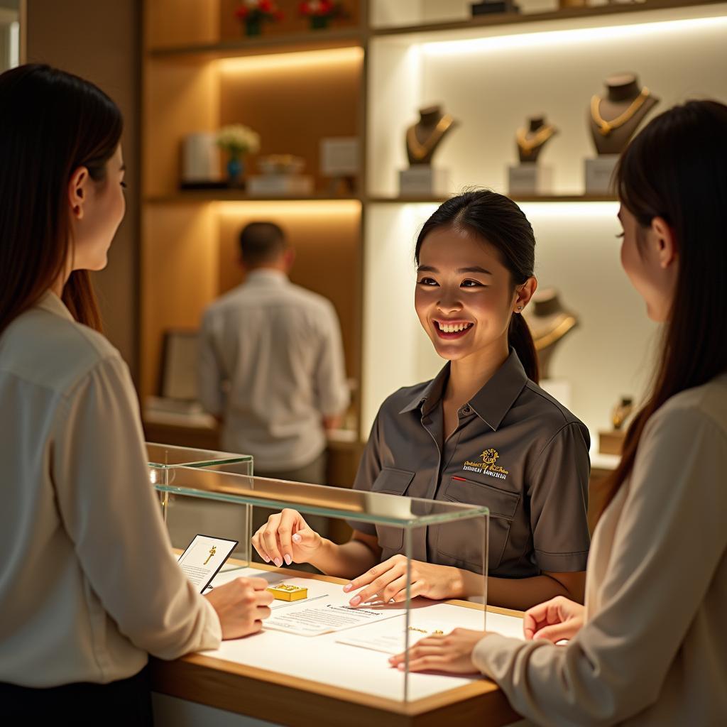 Khách hàng đang được nhân viên tư vấn tận tình tại quầy giao dịch của Tiệm vàng Mai Hà trên đường Minh Phụng, Quận 6