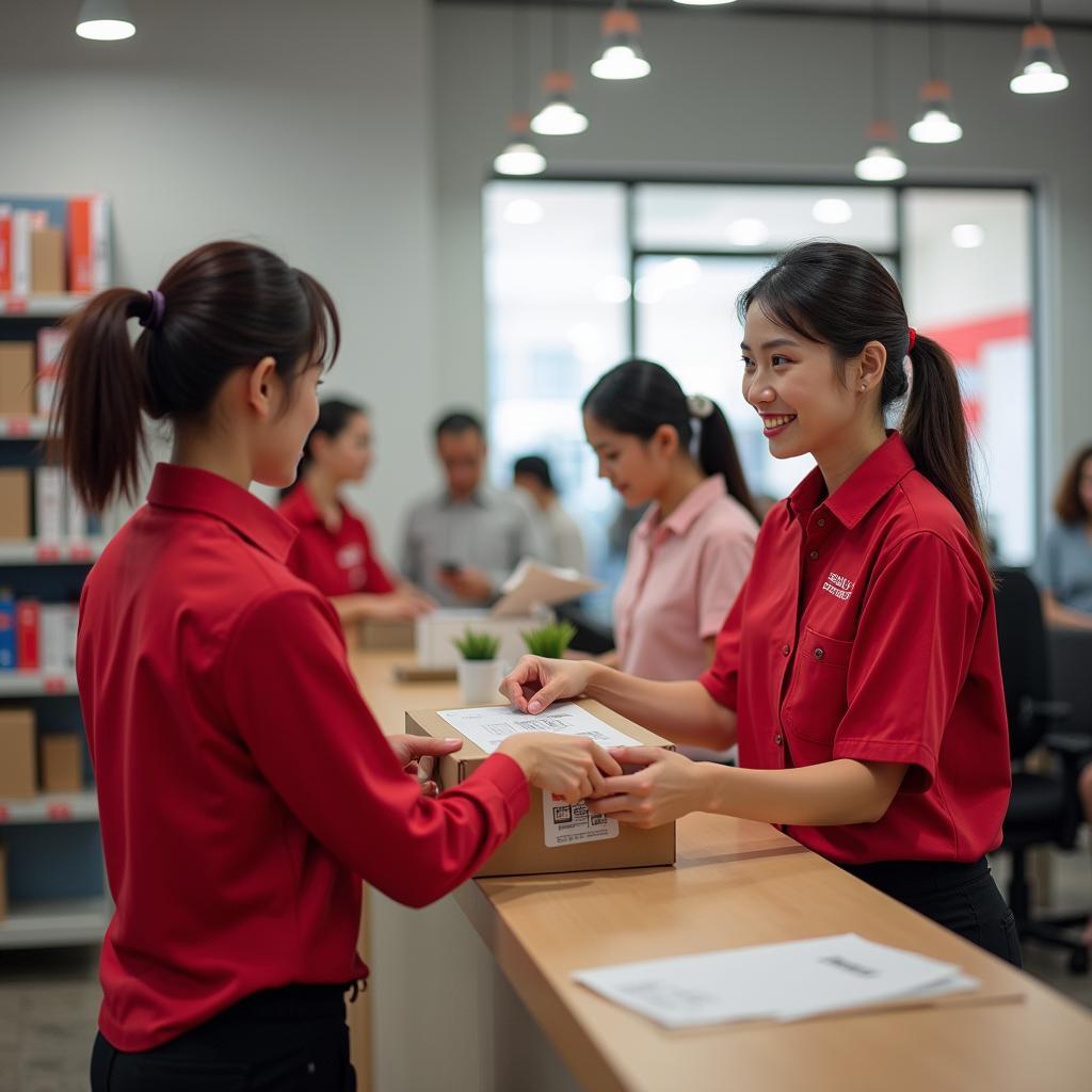 Khách hàng đang làm thủ tục gửi hàng tại quầy giao dịch của bưu cục Viettel Post 285 Cách Mạng Tháng Tám.