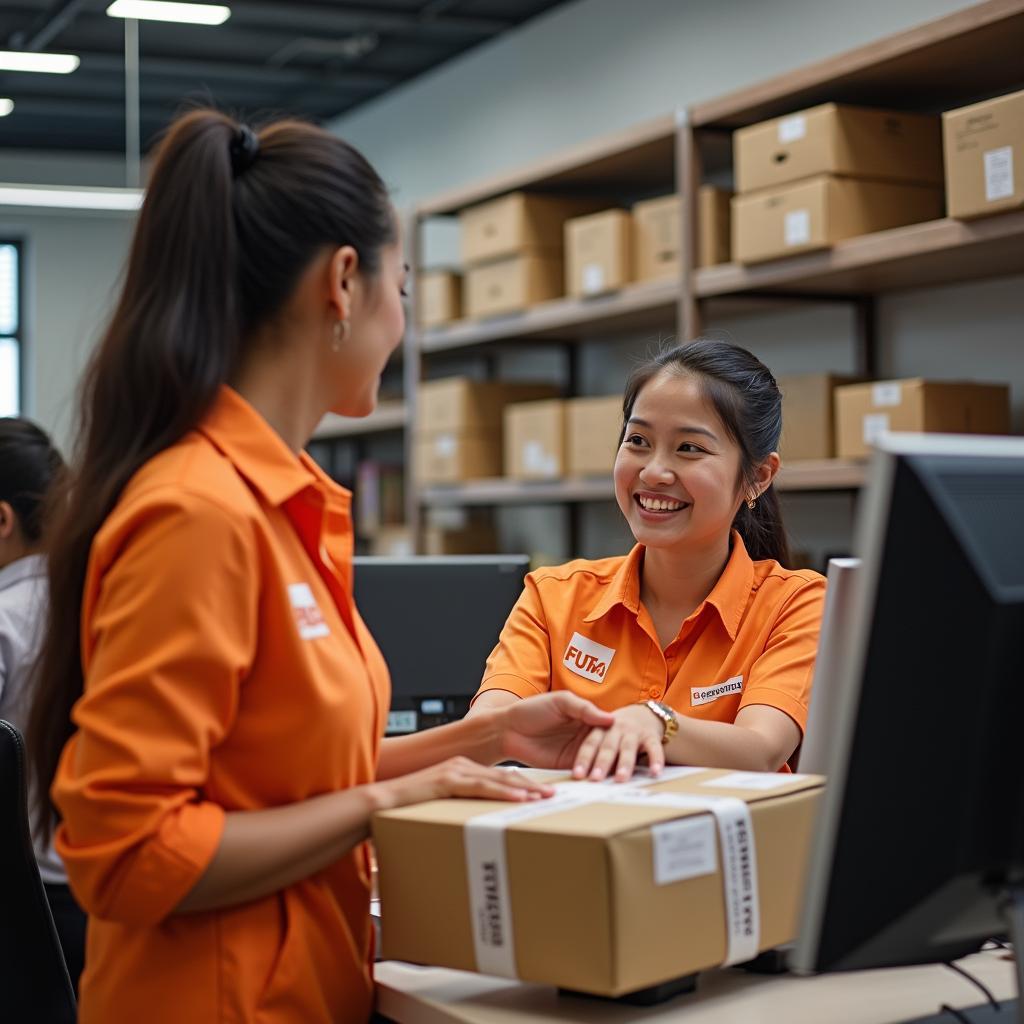 Cận cảnh quy trình gửi hàng nhanh chóng và chuyên nghiệp tại quầy giao dịch của FUTA Express Bình Thạnh.