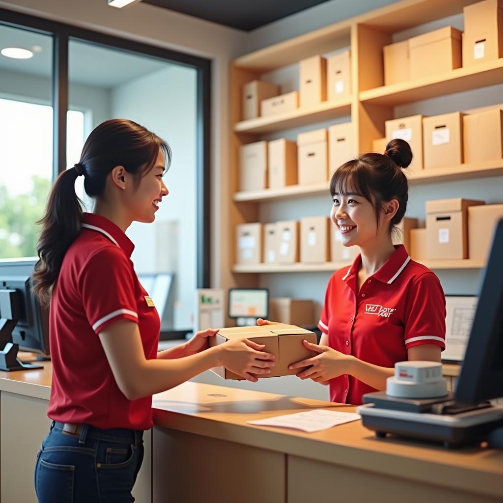 Khách hàng đang thực hiện giao dịch gửi hoặc nhận kiện hàng tại quầy giao dịch bưu cục Viettel Post.