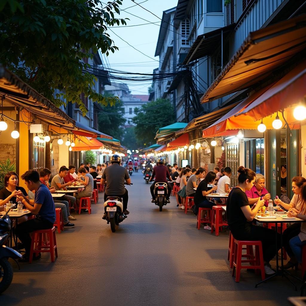 Khám phá khung cảnh ẩm thực đường phố và quán cà phê sôi động, đa dạng tại khu vực Bàu Cát, gần khách sạn Lilly Hotel.