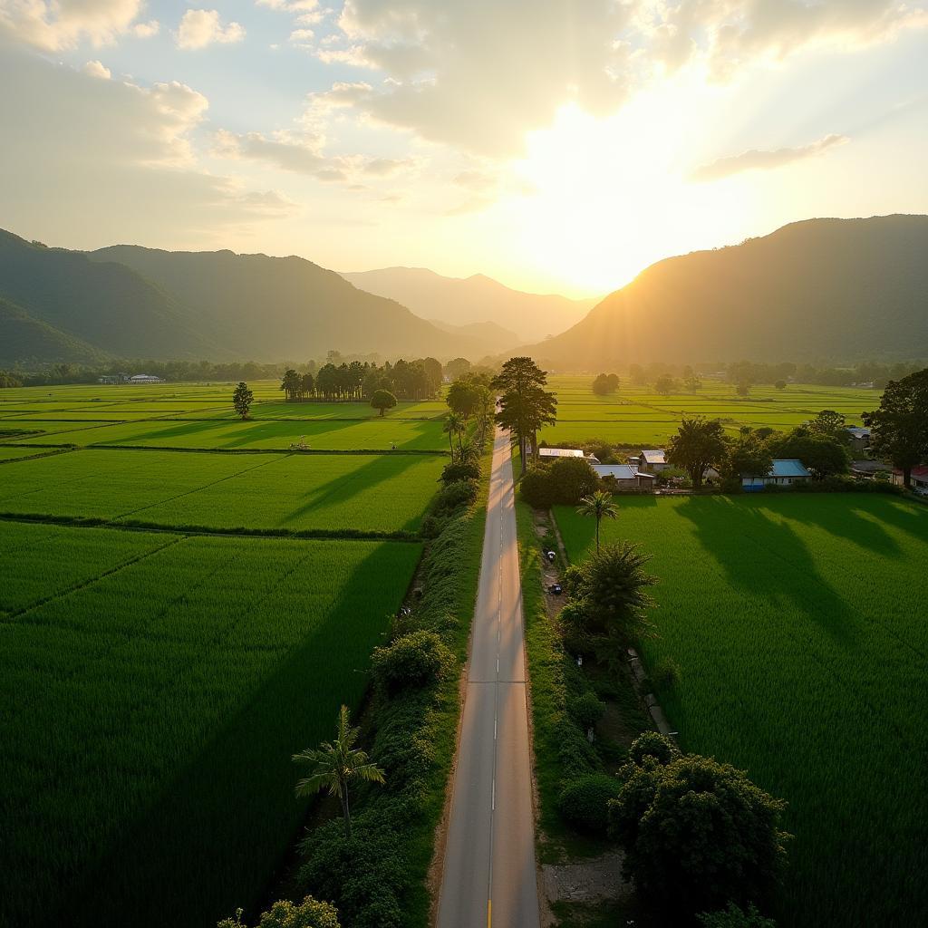Toàn cảnh Xã Đất Đỏ với những cánh đồng xanh mướt và con đường làng yên bình dưới ánh nắng chiều.