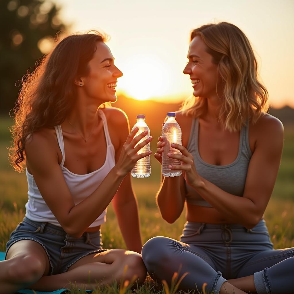 Cận cảnh hai người bạn đang cười tươi và trò chuyện vui vẻ sau khi hoàn thành thử thách yoga đôi, thể hiện tình bạn thân thiết.