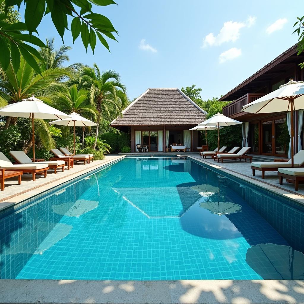 Toàn cảnh không gian bên ngoài của Golden Star Villa Huế với hồ bơi trong xanh và khu vườn nhiệt đới xanh mát, lý tưởng cho việc nghỉ dưỡng tại Huế