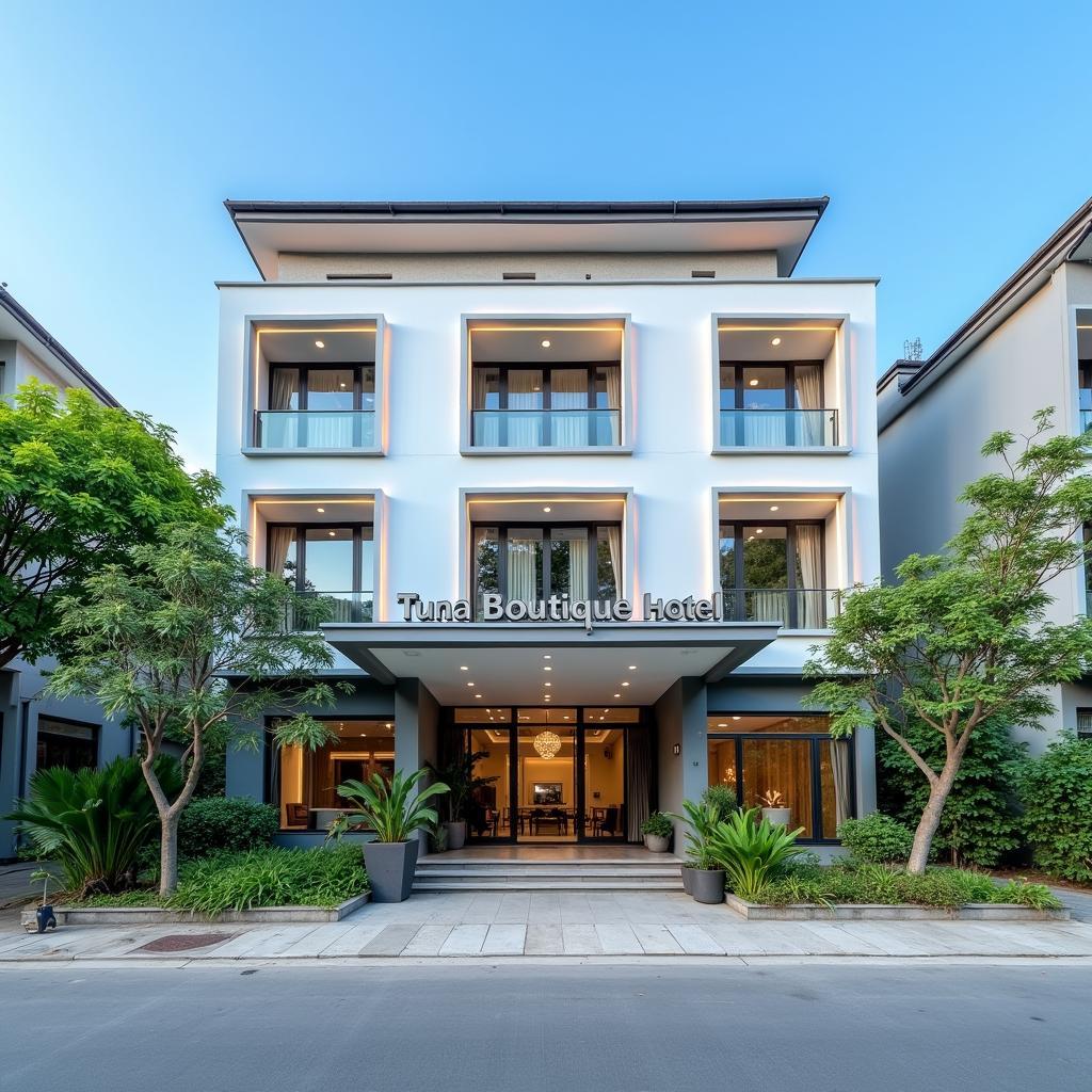 Toàn cảnh không gian bên ngoài của Tuna Boutique Hotel tại 12A Lý Tự Trọng, TP. Tuy Hòa, T. Phú Yên, nổi bật với kiến trúc hiện đại và tinh tế.