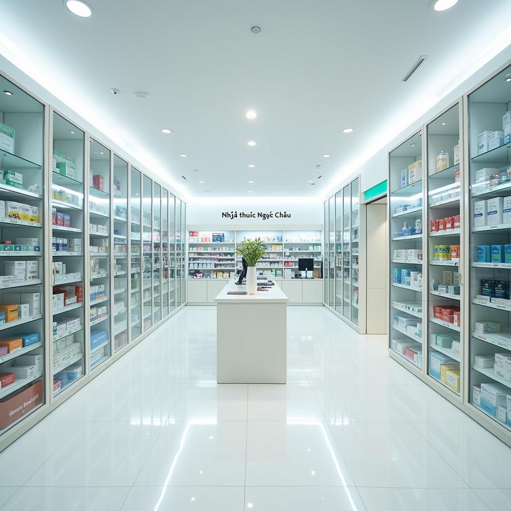 Không gian bên trong Nhà thuốc Tây Ngọc Châu sạch sẽ, ngăn nắp với các kệ thuốc được sắp xếp khoa học.