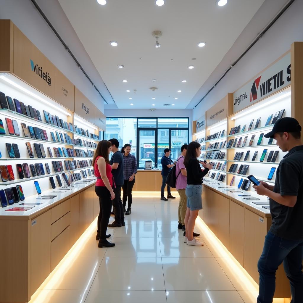Bên trong Viettel Store Bắc Giang, Ngã 3 Hùng Vương với các kệ trưng bày điện thoại thông minh hiện đại và sáng sủa