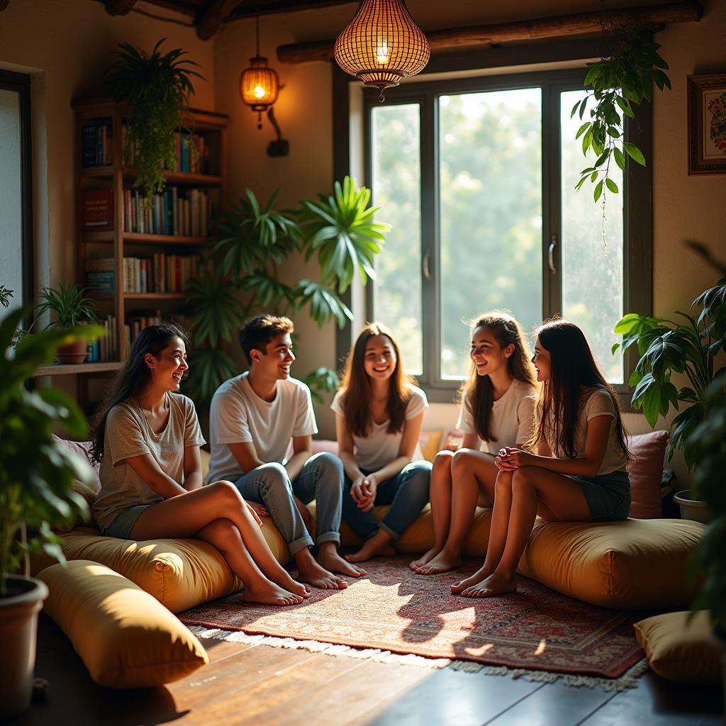 Không gian sinh hoạt chung ấm cúng tại Friendships homestay Hội An với nhóm bạn đang trò chuyện vui vẻ.