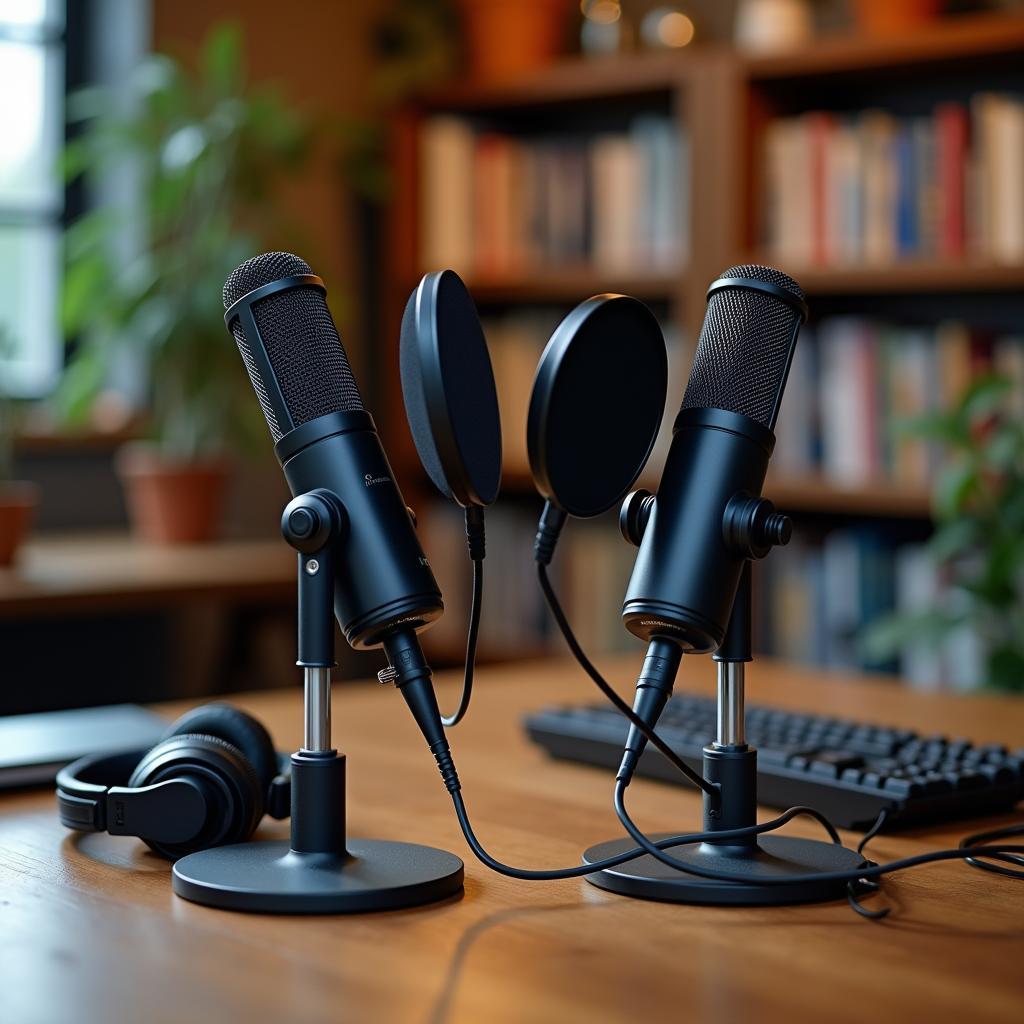 Thiết bị ghi âm podcast chuyên nghiệp với hai micro và tai nghe trong một phòng thu ấm cúng, tượng trưng cho không gian an toàn để chia sẻ câu chuyện
