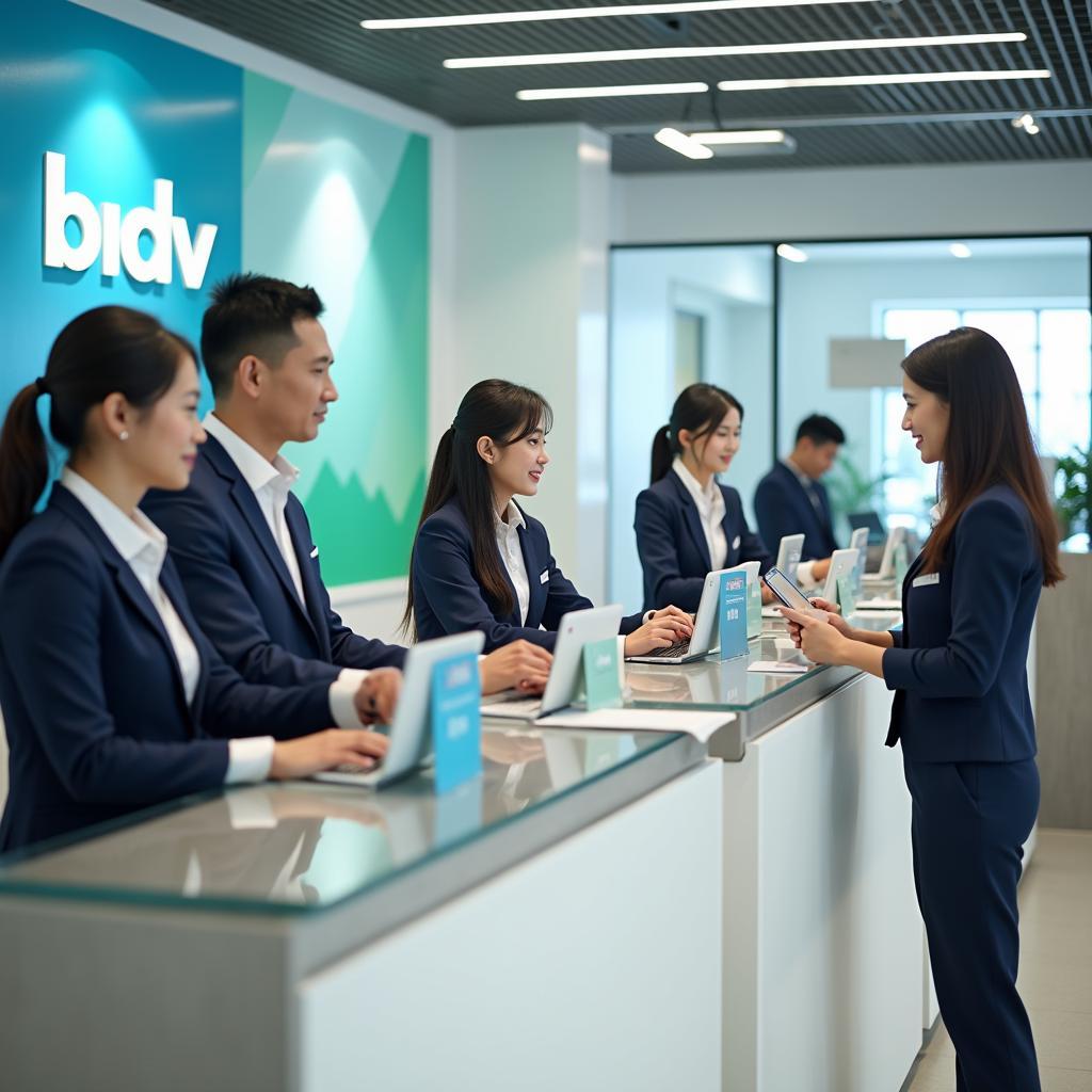 Không gian giao dịch bên trong chi nhánh BIDV Nguyễn Trãi hiện đại với các giao dịch viên đang phục vụ khách hàng.