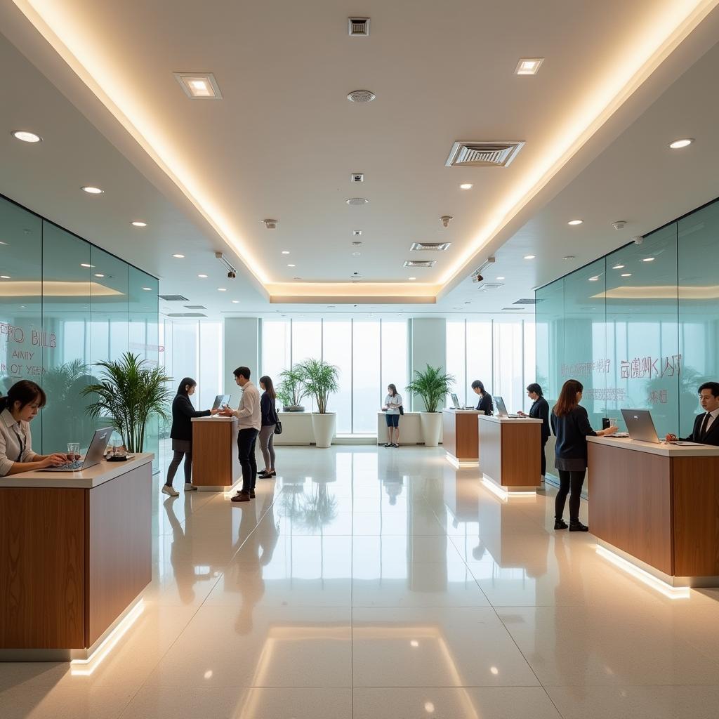 Không gian giao dịch tài chính hiện đại, chuyên nghiệp bên trong chi nhánh SCB Cống Quỳnh với các quầy phục vụ khách hàng.