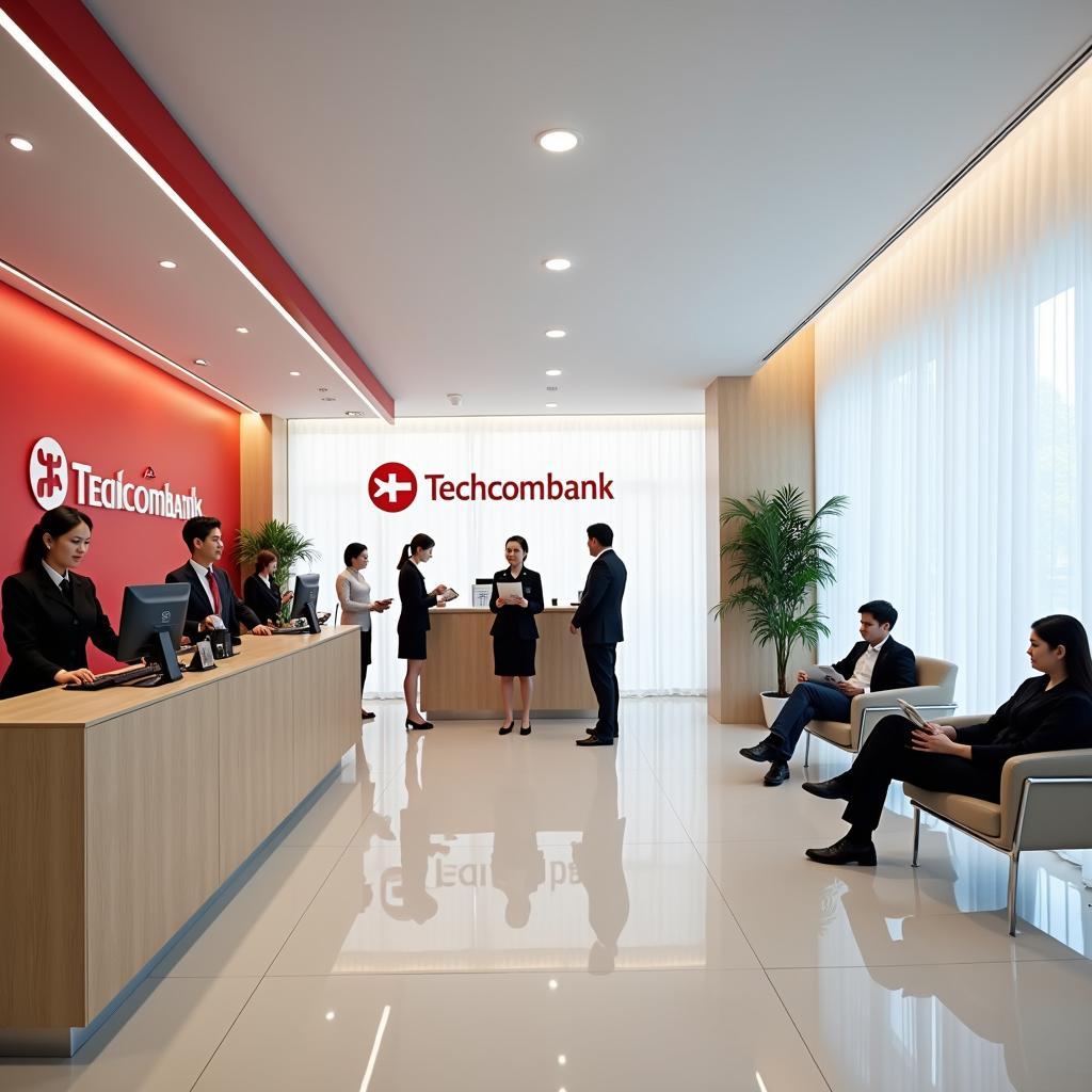 Không gian giao dịch hiện đại và chuyên nghiệp tại Techcombank Trung Hoà, quận Cầu Giấy, với nhân viên đang tư vấn cho khách hàng.