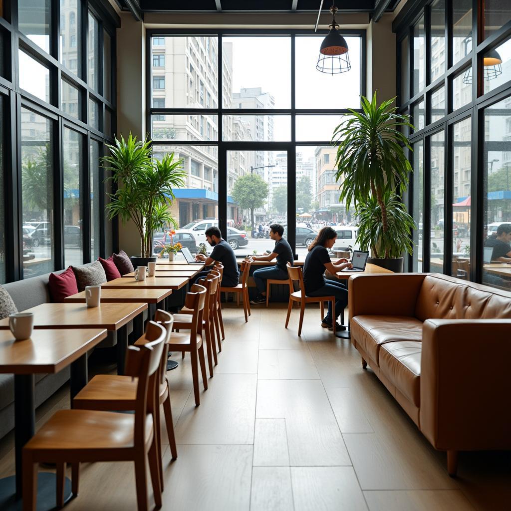 Không gian bên trong Media Café 422 Võ Văn Kiệt với nhiều góc ngồi làm việc và thư giãn