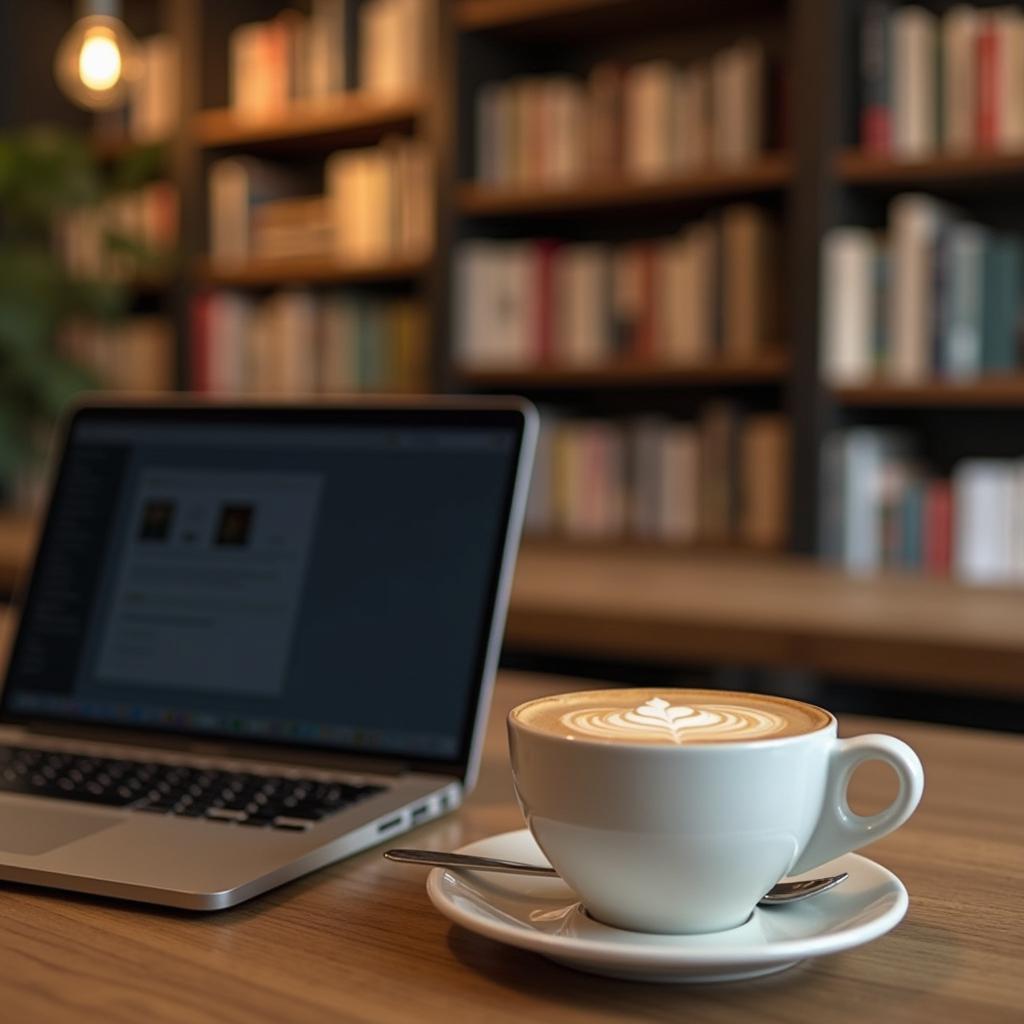 Một góc làm việc yên tĩnh và đầy cảm hứng bên kệ sách tại Hub Book Coffee 18A Cộng Hòa, quận Tân Bình