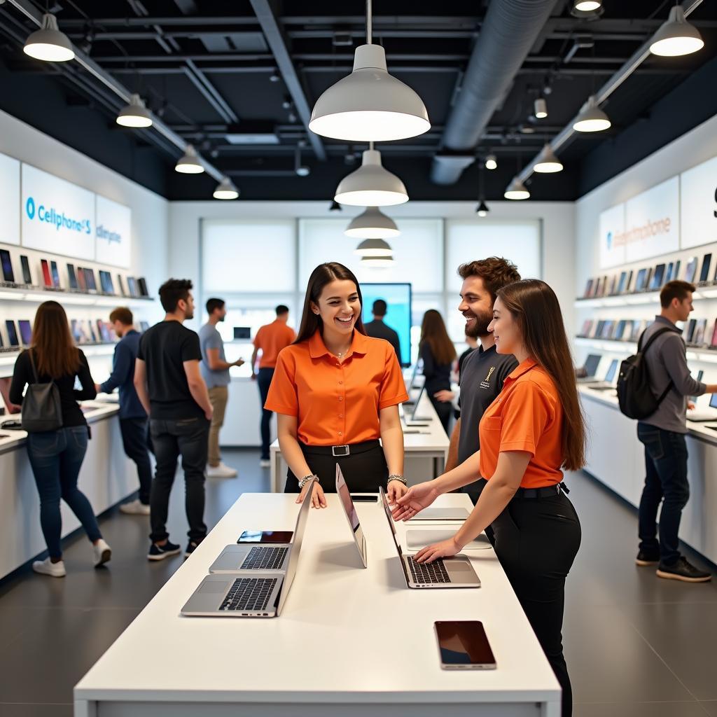 Không gian bên trong cửa hàng Cellphones Hà Đông trưng bày nhiều sản phẩm công nghệ như điện thoại, laptop và phụ kiện.