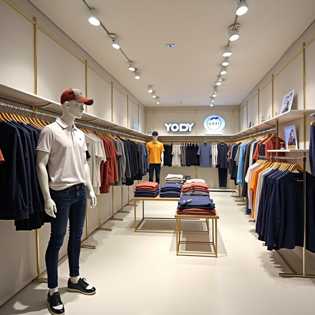 Không gian mua sắm bên trong cửa hàng YODY Ghẽ với các sản phẩm áo polo, áo khoác được sắp xếp gọn gàng