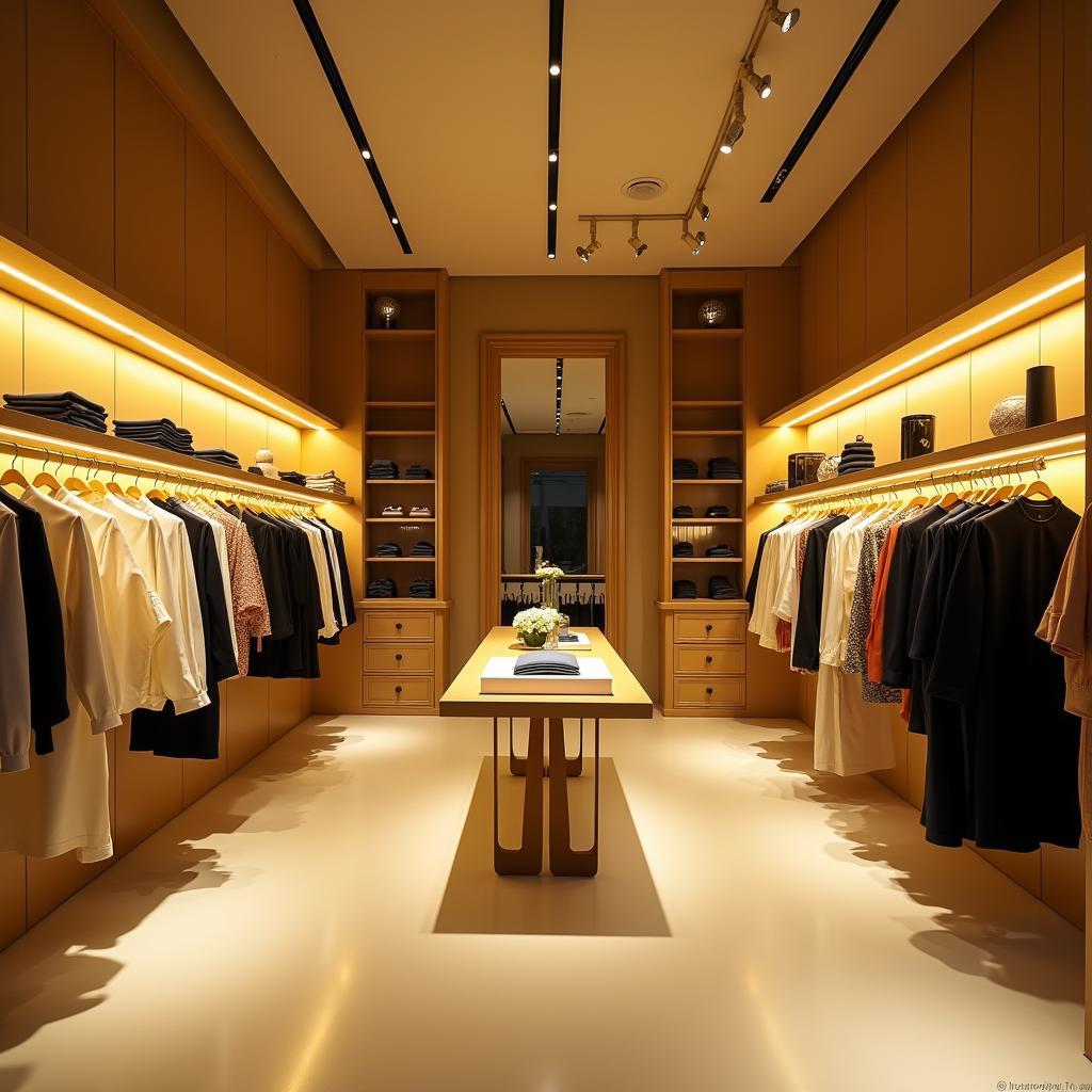 Không gian bên trong cửa hàng RuchanDesign Nguyễn Trãi với nội thất tối giản và ánh sáng ấm cúng.