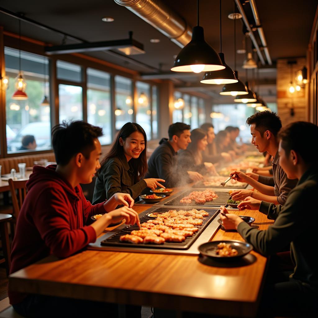 Không gian nhà hàng Buffet Hana Phạm Viết Chánh, Q.1 ấm cúng với nhiều thực khách đang dùng bữa.