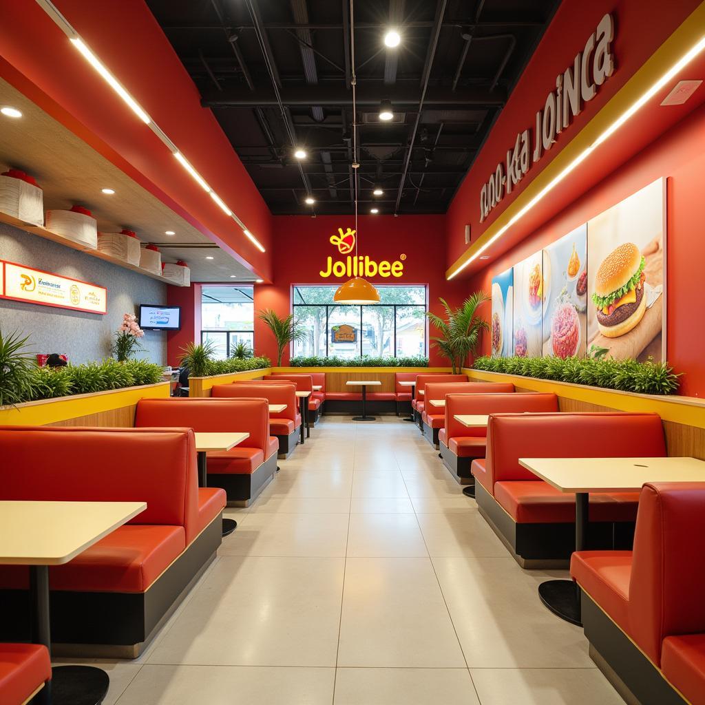 Khong gian ben trong cua hang Jollibee My Tho sach se, rong rai, voi ban ghe duoc bo tri hop ly