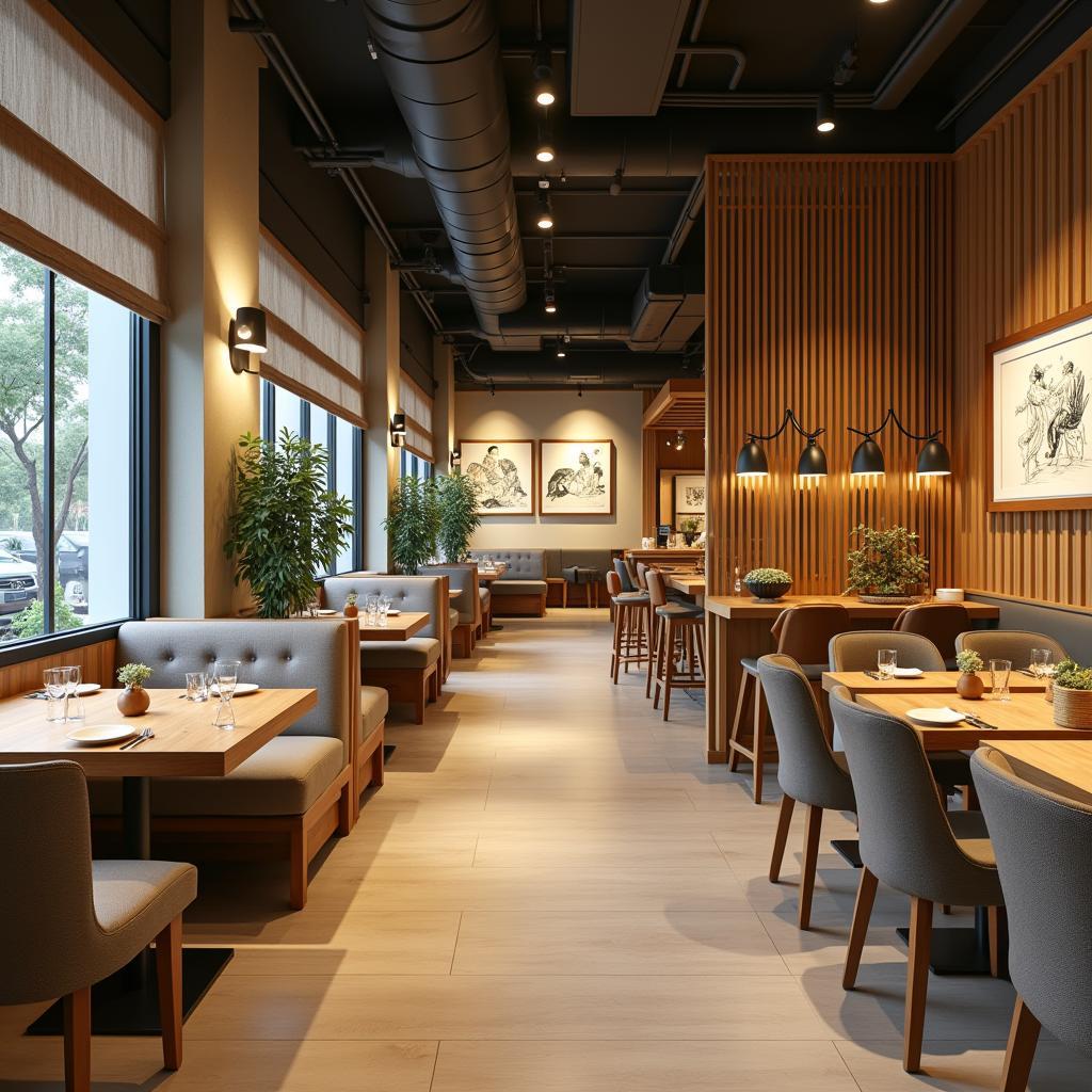 Hình ảnh không gian POP Quán Phố Huế thiết kế hiện đại trẻ trung ấm cúng với nội thất gỗ và ánh đèn vàng.