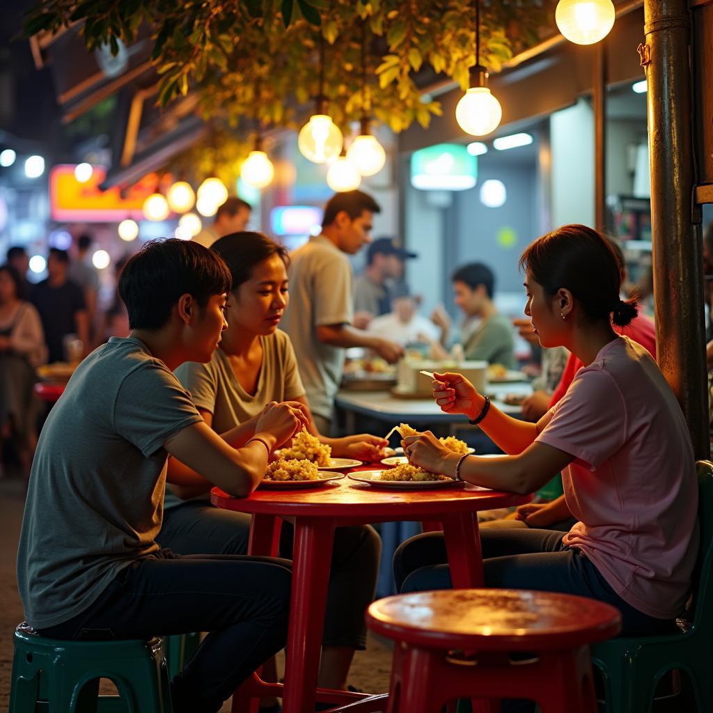 Không gian quán bánh tráng nướng vỉa hè C002 Sài Gòn với bàn ghế nhựa thấp, đông đúc khách.