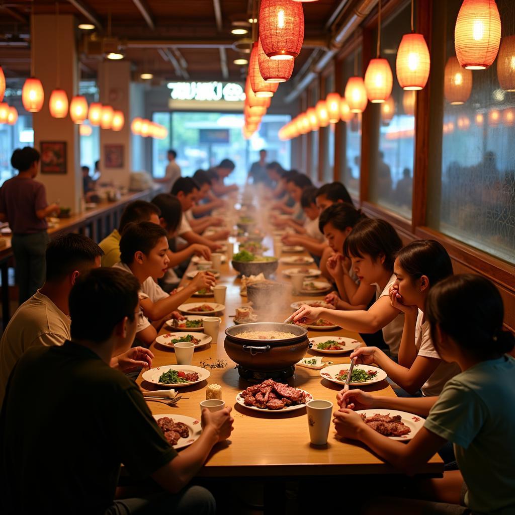 Không gian nhà hàng Bò Tơ Năm Sánh đông đúc nhộn nhịp thực khách thưởng thức món ăn