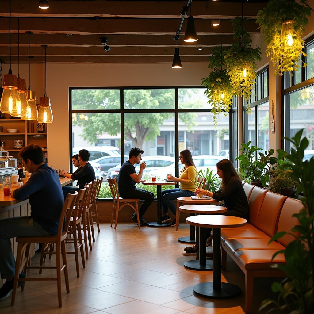 Không gian bên trong một quán cà phê hiện đại và ấm cúng tại Phường Tân Mỹ, Quận 7 với nội thất gỗ và ánh sáng vàng