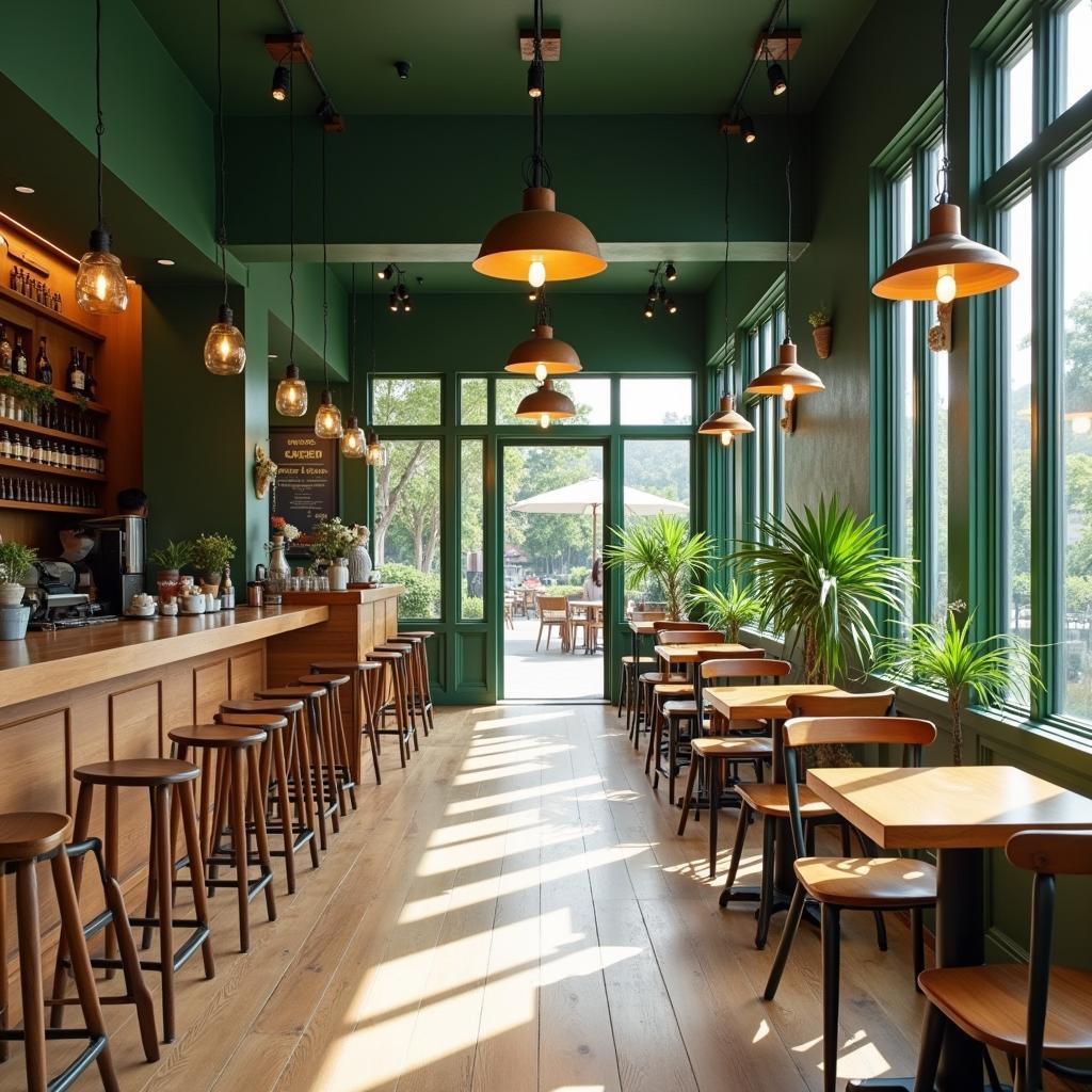 Không gian bên trong quán Milano Coffee 356 Hoàng Diệu Đà Nẵng với bàn ghế gỗ và tông màu xanh lá đặc trưng.
