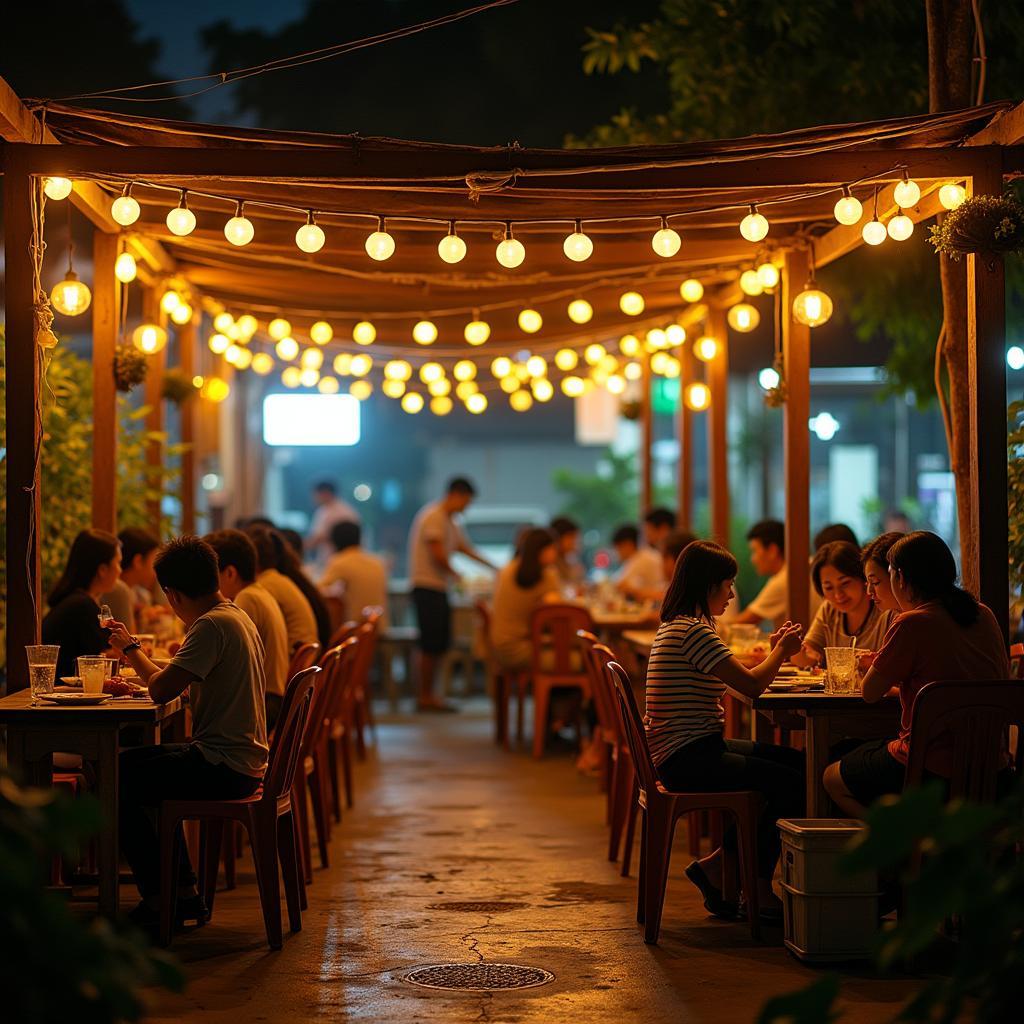 Không gian ngoài trời dân dã và nhộn nhịp của Quán nhậu Má Heo, Ấp Châu Anh vào buổi tối