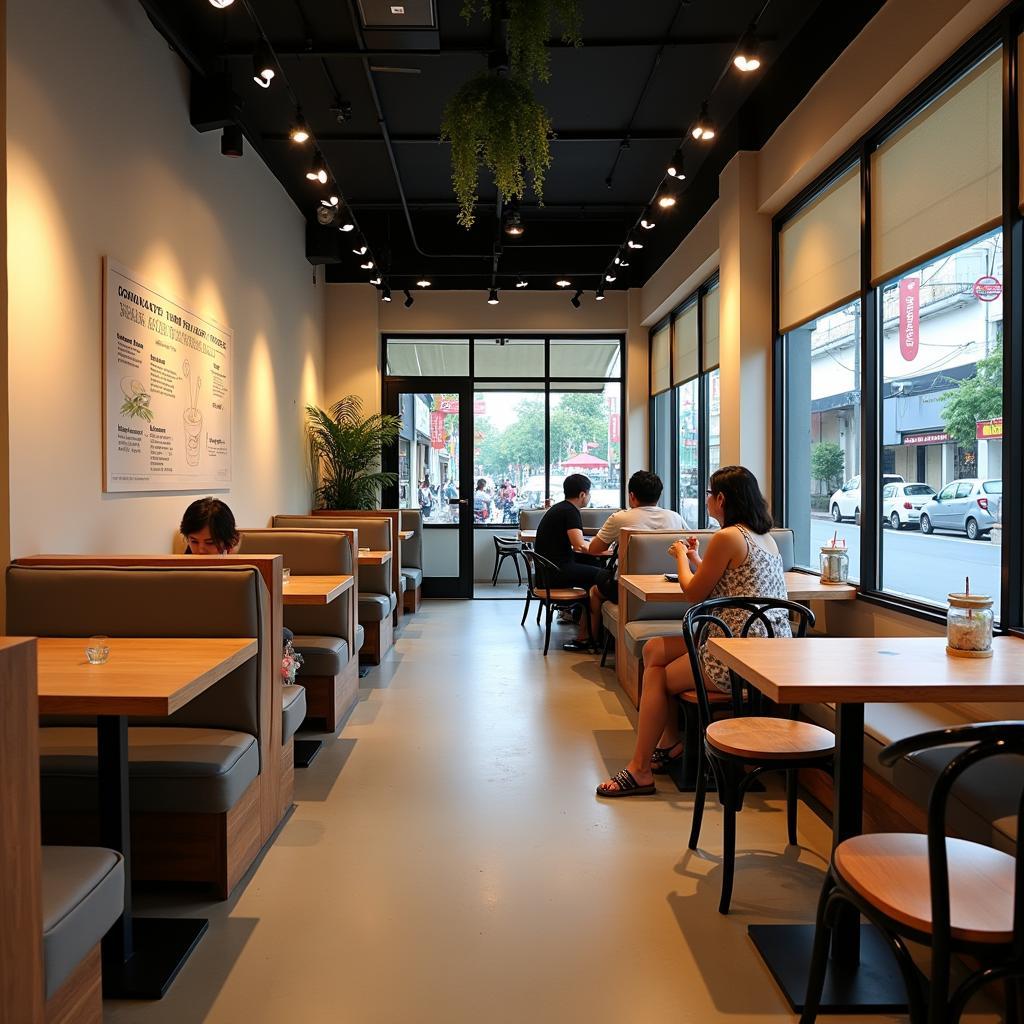 Không gian bên trong quán trà sữa Tocotoco Phạm Văn Đồng rộng rãi, thoáng đãng, thích hợp để học tập và hẹn hò