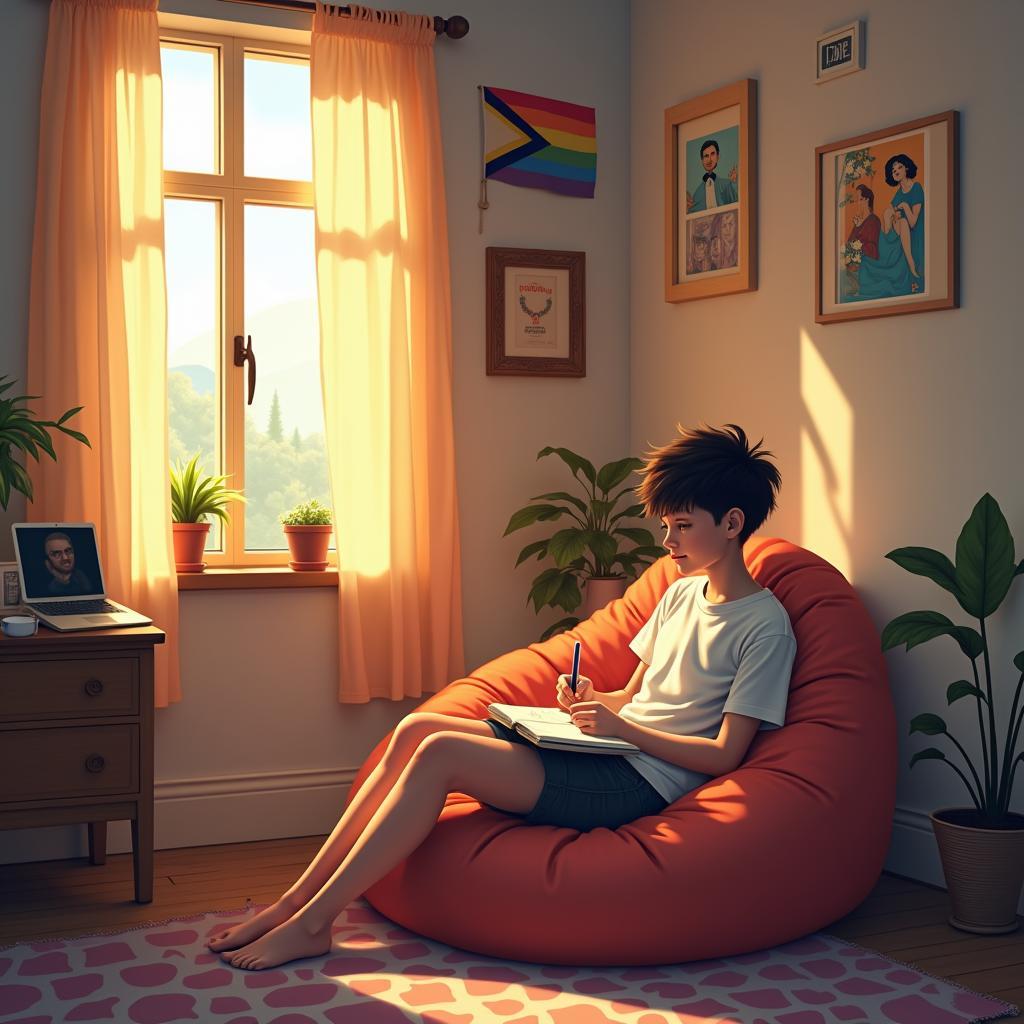 Một người LGBTQ+ đang thư giãn trong không gian riêng an toàn và ấm cúng để khám phá bản sắc cá nhân.