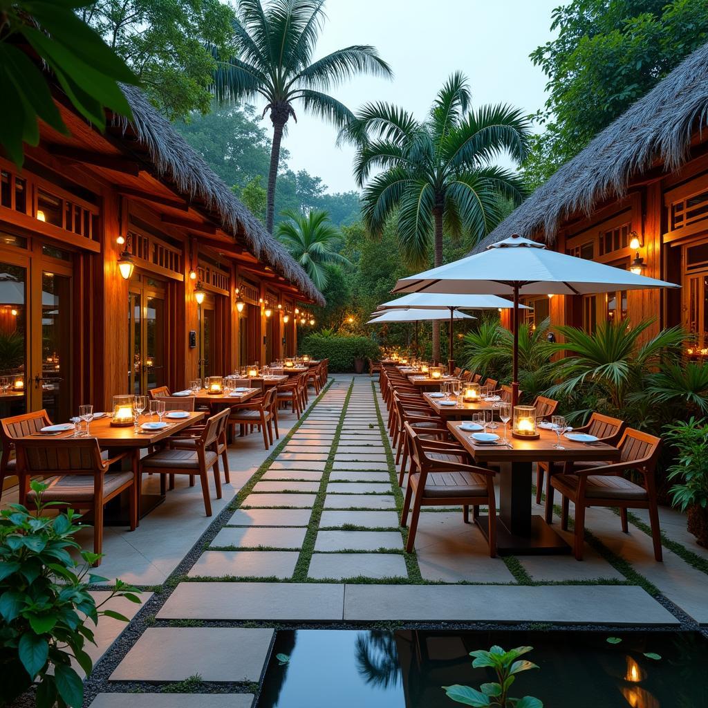 Không gian sân vườn rộng rãi và thoáng đãng tại Ẩm thực Cát Cát 180 Nguyễn Công Trứ, lý tưởng cho các buổi tiệc ngoài trời ở Vị Thanh Hậu Giang.