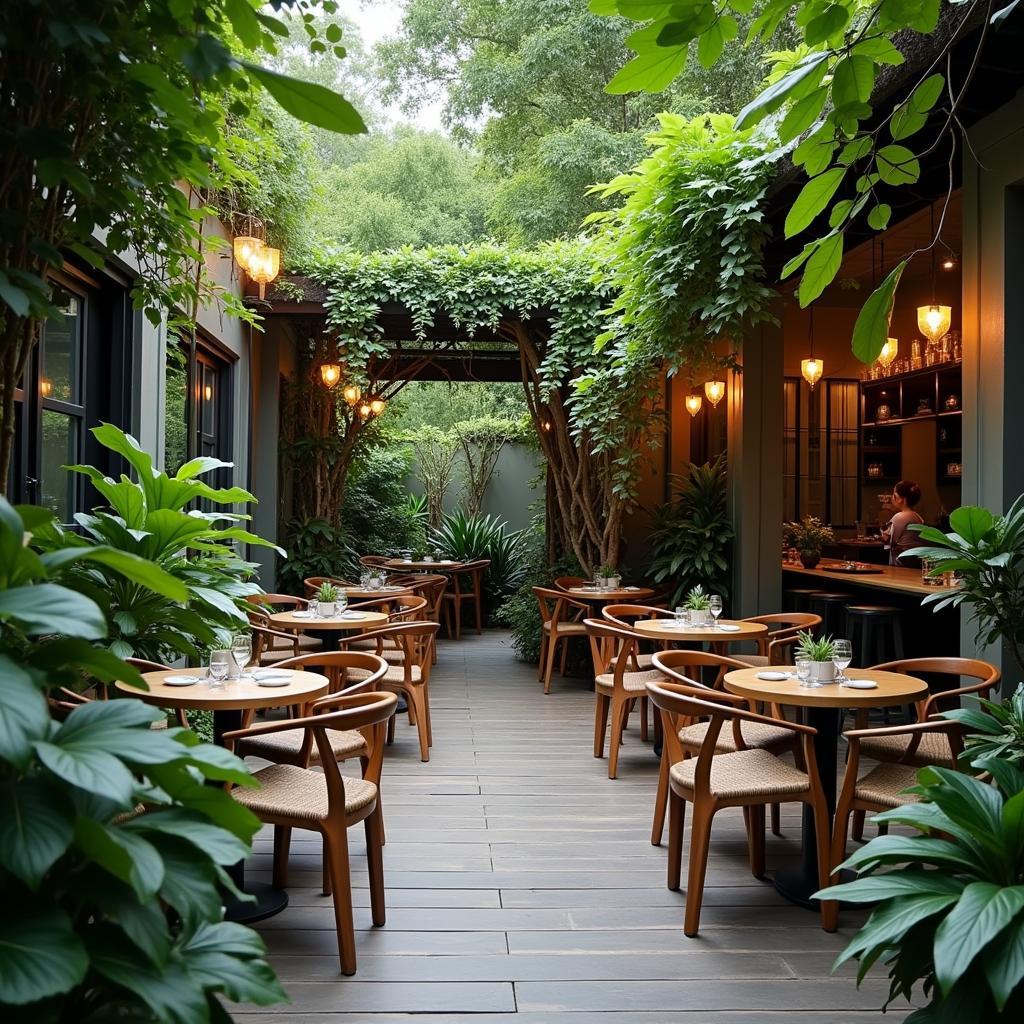 Không gian sân vườn yên bình tại Café Sân vườn Lò Gạch ở Bến Tre