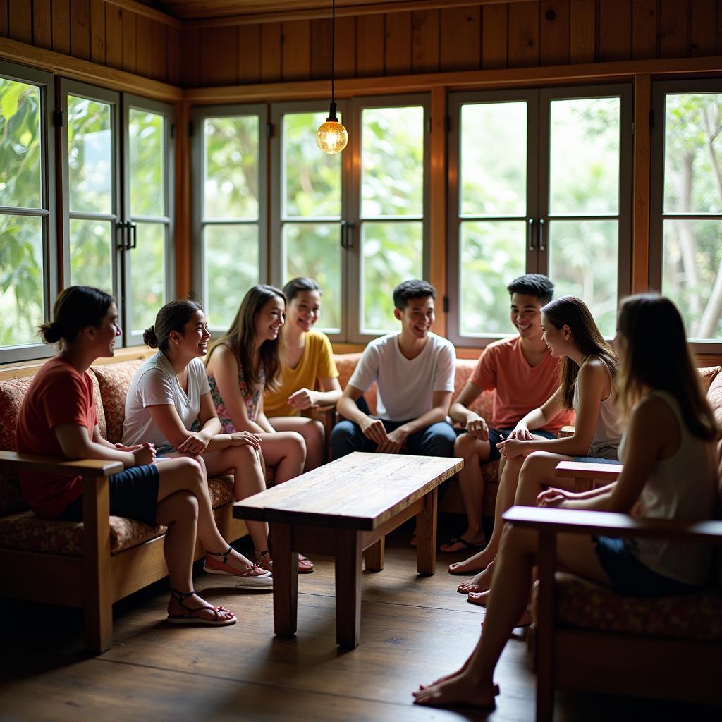 Không gian sinh hoạt chung ấm cúng tại Friendships Homestay Tràng An, nơi lý tưởng cho nhóm bạn tụ họp và gắn kết tình cảm.