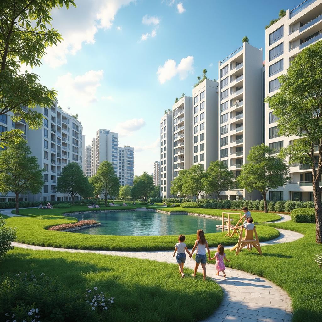 Không gian sống xanh trong lành tại một khu đô thị hiện đại ở phường Phúc Lợi Long Biên với công viên và hồ nước.