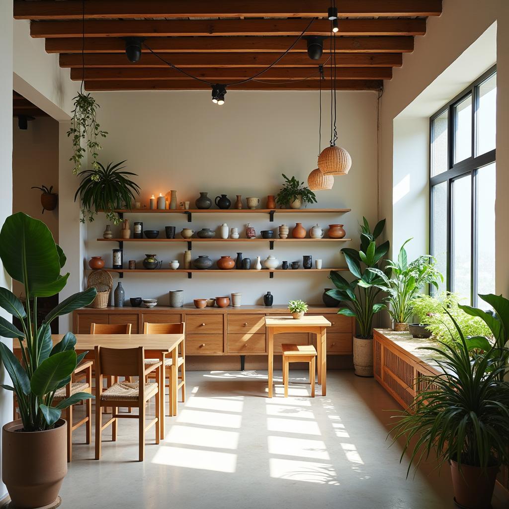 Không gian quán The Gốm House Quận 3 với decor gốm sứ tinh tế, ánh sáng tự nhiên
